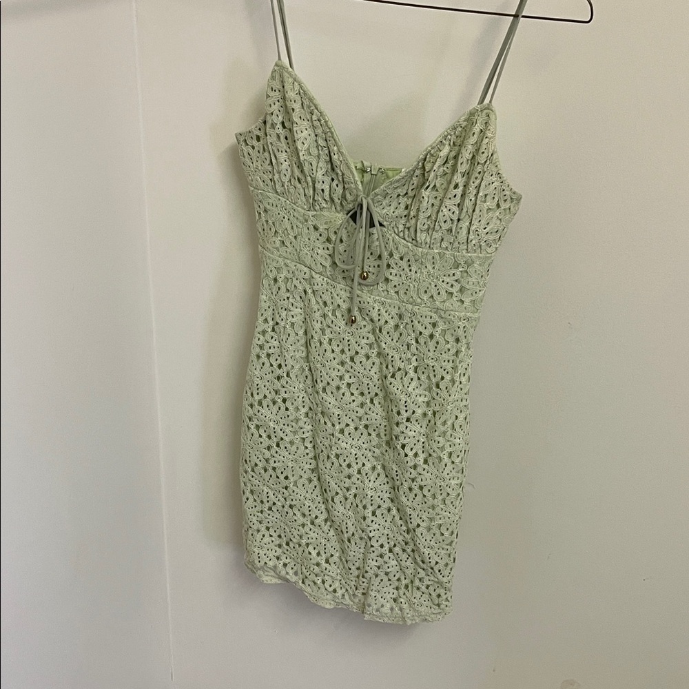 Selfie Leslie Pale Green Lace Mini Dress with Tie Detail